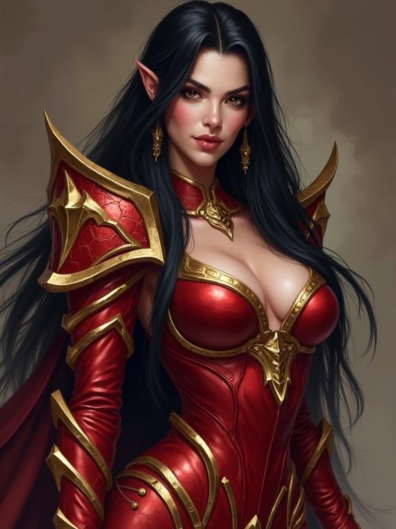 Beautiful blood elf woman in revealing red armor. Long black hair, petite body with large breasts. Armor features gold trim. Majestic fantasy character design.