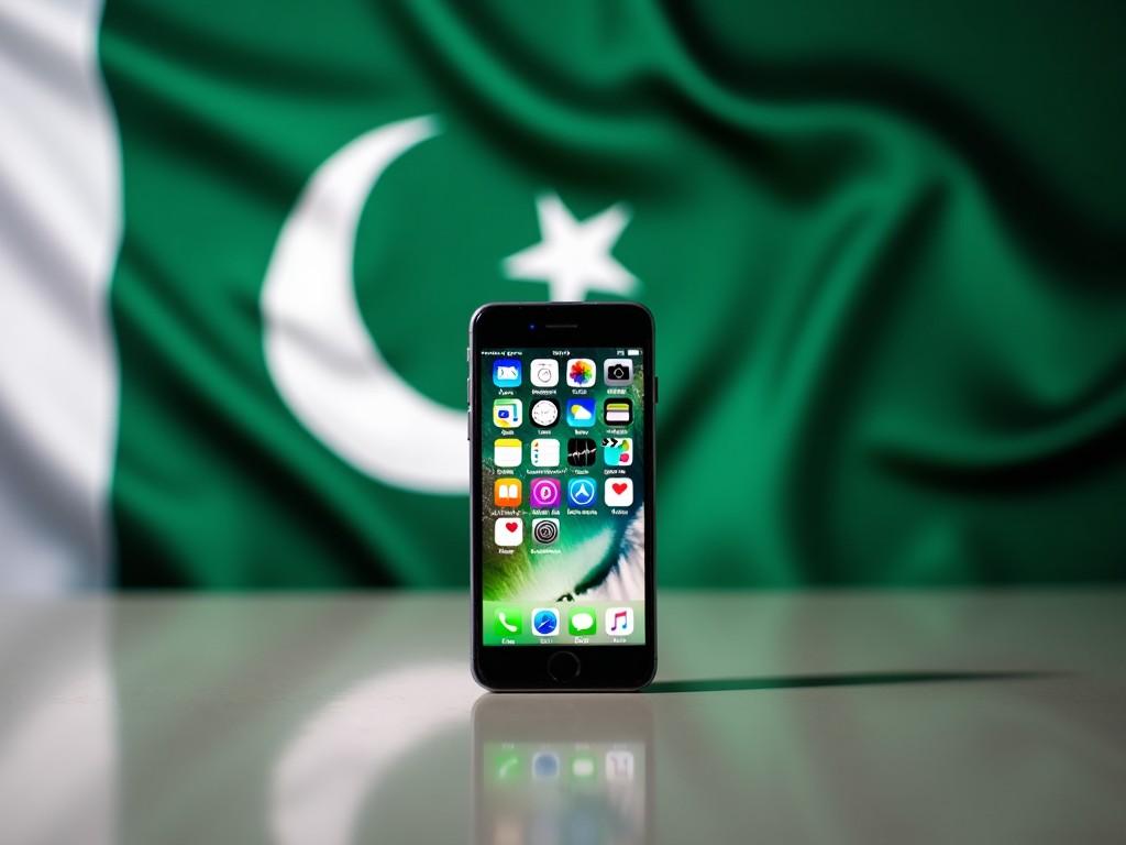 The image features a smartphone, prominently displayed against the backdrop of the Pakistani flag. The phone's screen is visible, showcasing various applications. The colors of the flag, green and white, symbolize Pakistan, while the phone represents modern technology. The photograph highlights the intersection of cultural identity and technology. Lighting is bright, enhancing the reflection on the device and creating a sleek look.