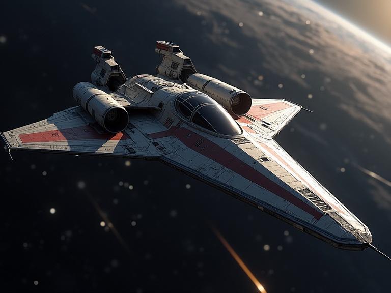 A highly detailed starfighter in space with realistic elements. Rich textures are visible on the starfighter. Dramatic shadows emphasize its contours. Image is rendered in 4K quality with HDRI.