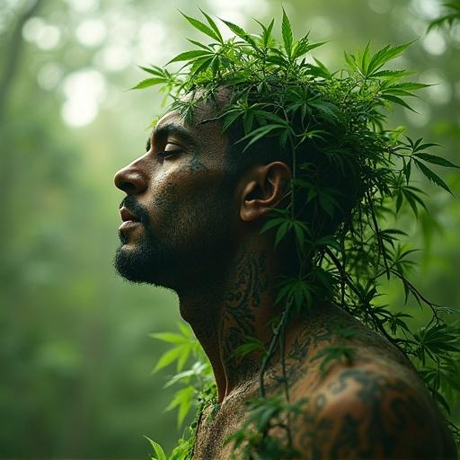 Illustration of a man integrates with cannabis plants. Hair resembles foliage. Tattoos visible on skin. Lush green surroundings. Vibrant connection to nature.
