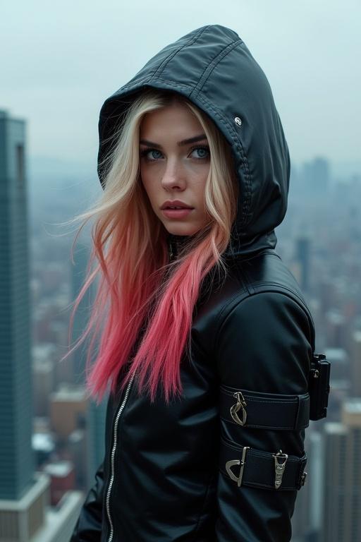 Young woman with long blonde hair and pink tips. Dressed in a black tactical hooded outfit. Posing on a rooftop overlooking the skyscraper city. Holds a pistol. Dramatic urban background.