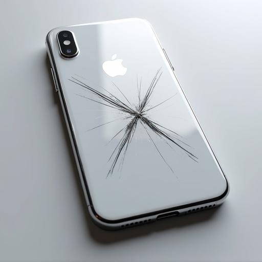 Close-up image of an iPhone XS back. Phone centered in frame. Features dual vertical camera. Apple logo visible. Glass surface shows scratches. Lighting highlights texture and damage. Neutral background. High resolution.