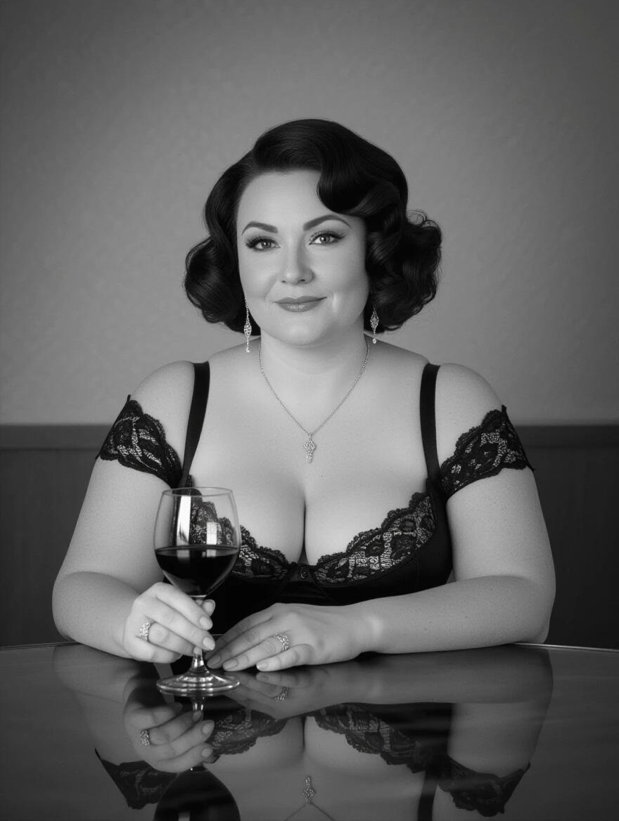 A woman sits gracefully at a glass table. She holds a glass of red wine in her hand. The woman exudes a sense of elegance and allure. She wears black lace lingerie. The scene is captured in black and white. The lighting creates a dramatic effect. The background is softly blurred to enhance the focus on her feminine figure.