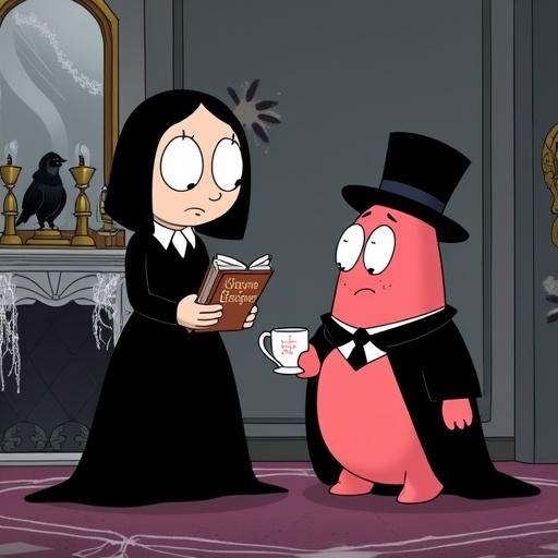 Cartoon scene with Wednesday Addams and Patrick Star. Wednesday wears a black dress holding a book titled Gloom for Beginners. Patrick wears a black cape and top hat holding a teacup. Room is gothic with cobwebs and candelabras. Mood is spooky and funny.