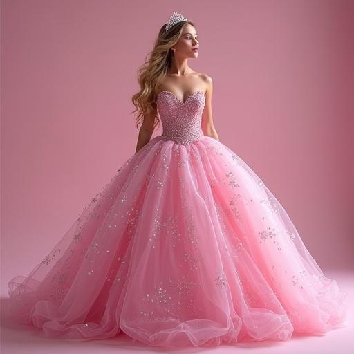 Photorealistic image of a princess wearing a beautiful, sparkly, pink dress. The dress is feminine and girly, designed to evoke a magical atmosphere.