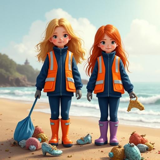 Chloe and Zoe participate in a beach clean-up activity. Both girls wear hi-visibility vests and navy-blue tracksuits. Chloe has blonde hair and orange Wellies. Zoe has ginger hair, freckles, and purple Wellies.