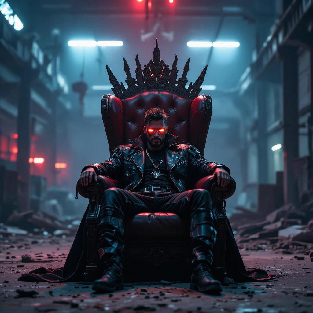 Portrait of a dark figure lounging on an impressive throne in a crumbling tech warehouse. Figure wears a leather cyberpunk jacket. Ambient red and blue lighting enhances the atmosphere.