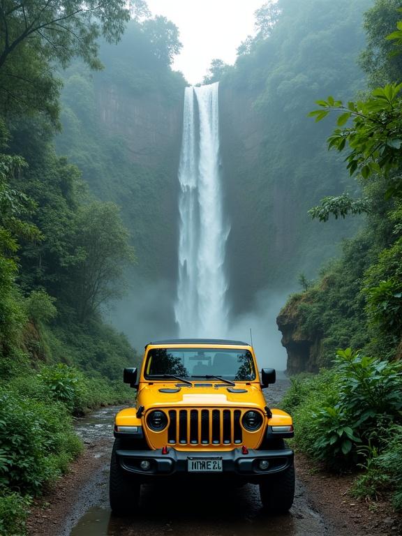 Yellow Jeep parked in front of a tall waterfall in a misty jungle. Dense tropical foliage surrounds the scene. The atmosphere is serene and adventurous.
