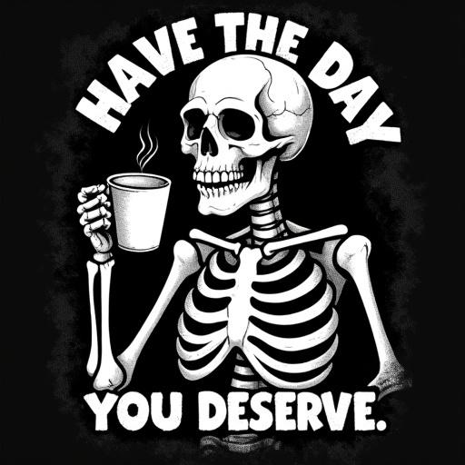 Bold cartoonish skeleton holds coffee mug. Sarcastic text says 'Have the Day You Deserve'. Distressed retro font. Grunge texture with exaggerated features. Unisex oversized t-shirt aesthetic. High-contrast vintage art style. Optimized for black t-shirt printing.