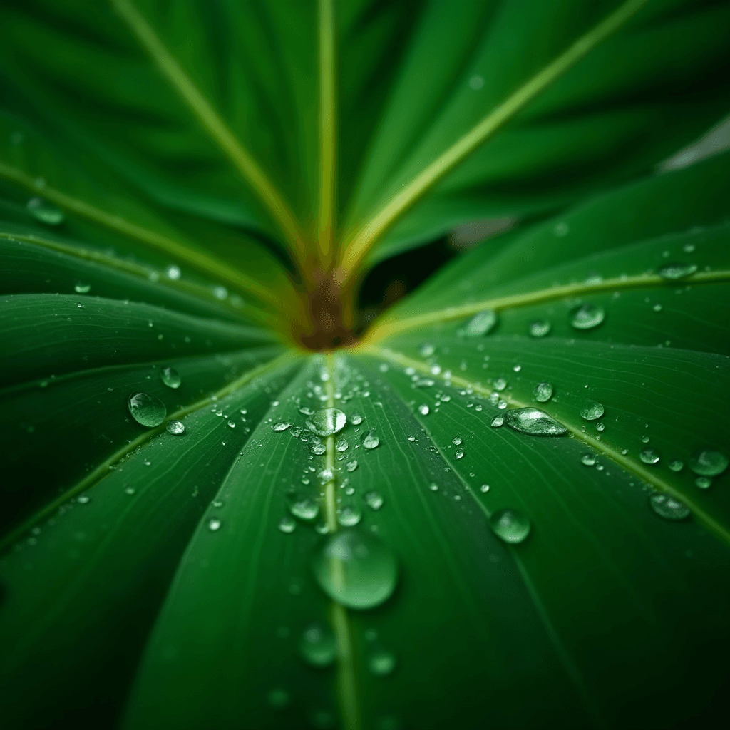 A close-up view of a green leaf adorned with sparkling water droplets, showcasing the leaf's intricate texture and vibrant color.