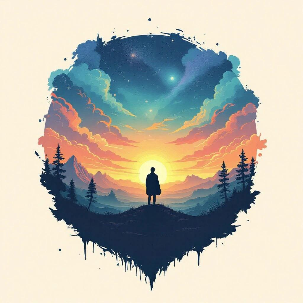 Surreal landscape features a silhouette of a person standing against a glowing sky filled with vibrant colors. Background includes mountains and forests. The scene is dreamlike, evoking a sense of wonder and exploration.
