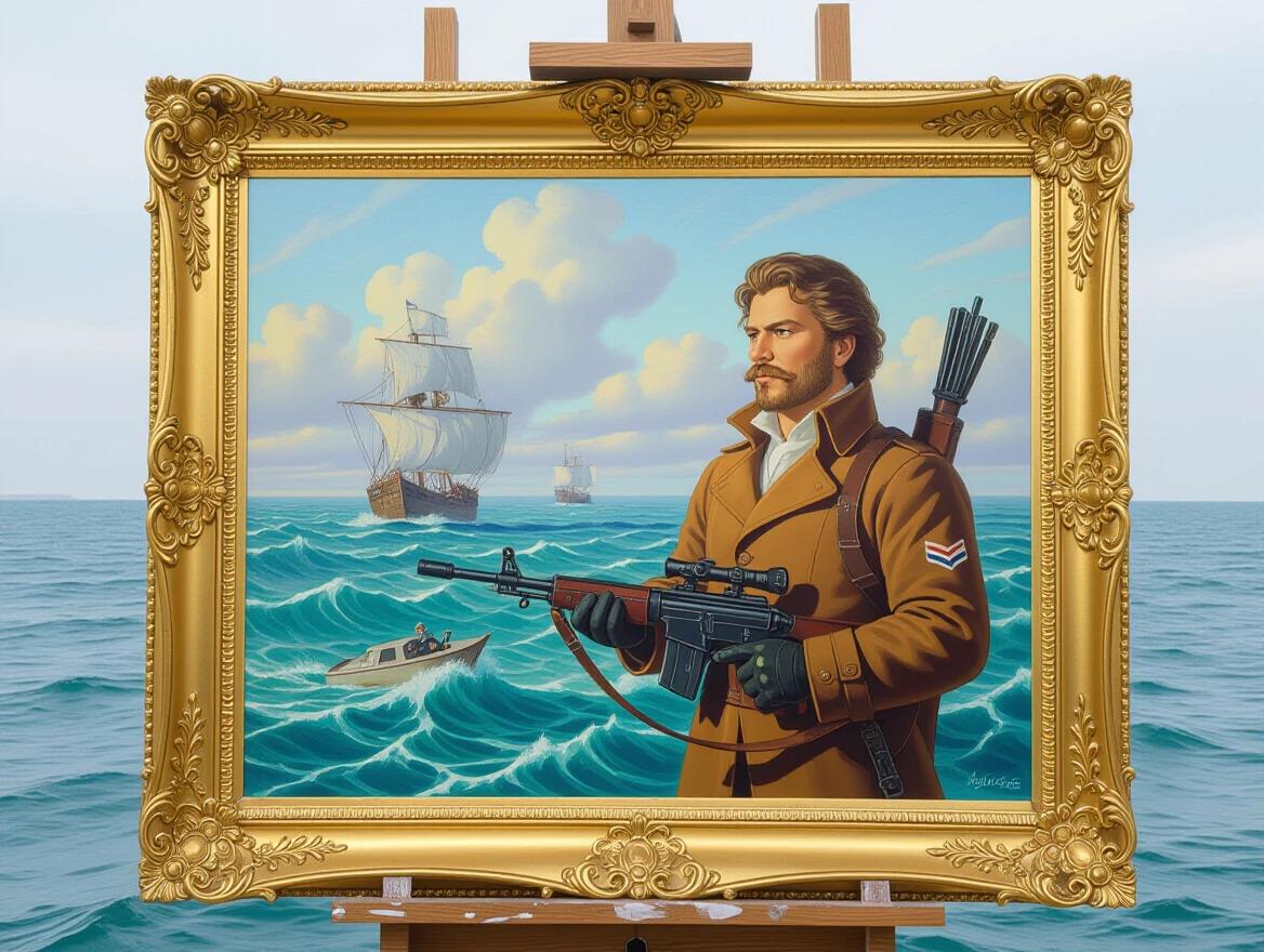 Oil painting style. Scenic depiction featuring a character in a coat holding a gun near the ocean while ships sail in the background.