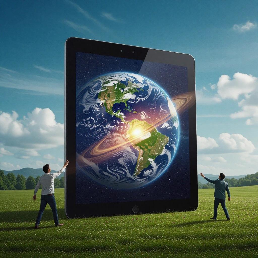 A man moves from one world to another through a giant tablet displaying the Earth. Two figures stand before the tablet in a vast green field. Bright sunlight shines on the Earth image.