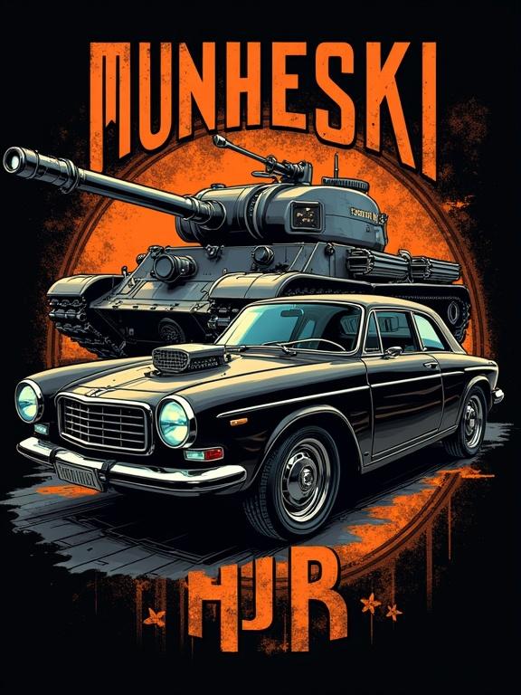 High-contrast retro-futuristic vector design for T-shirts. Features 1960s Volga GAZ-21 and T-34 tank with glowing engine parts, Art Deco details, and integrated text. Central reactor core and distressed metal texture. Color palette includes black, chrome, orange, and teal.