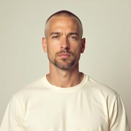 High resolution portrait of a white male with short hair. Wearing a cream-colored T-shirt. Full frontal view. Clean-shaven face. Neutral expression. Oval face shape. Prominent cheekbones. Pointed nose tip. Direct gaze into the camera. Soft, even lighting with simple background. Sharp details and realistic skin tones.