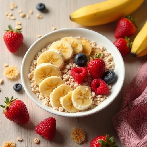 Cereal bowl with banana slices and red fruits. Top view of the table. Some strawberries and blueberries around the bowl. Bananas in the background.