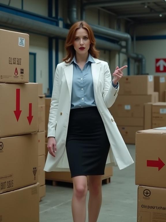 Photograph of a woman in a warehouse. She wears a white lab coat over a light blue shirt and a black pencil skirt. Her right hand is extended forward, left hand pointing right. She has dark lipstick and a confident expression. Surrounded by large cardboard boxes with red arrows. Background includes pipes and a sign with a red arrow. Color palette includes blue, black, white, and brown. Slim figure highlighted in form-fitting skirt and high-heeled shoes. Cluttered warehouse setting with boxes and industrial equipment.
