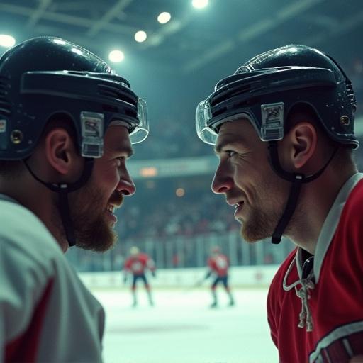 Cinematic shot at a crowded indoor hockey rink during a beer league final game. Two out-of-shape Canadian players in focus sharing an intense look. One player passing the puck. Stadium filled with cheering spectators. Low angle shot, dramatic lighting creates shadows on players' sweaty faces. Film grain effect from the 80s.
