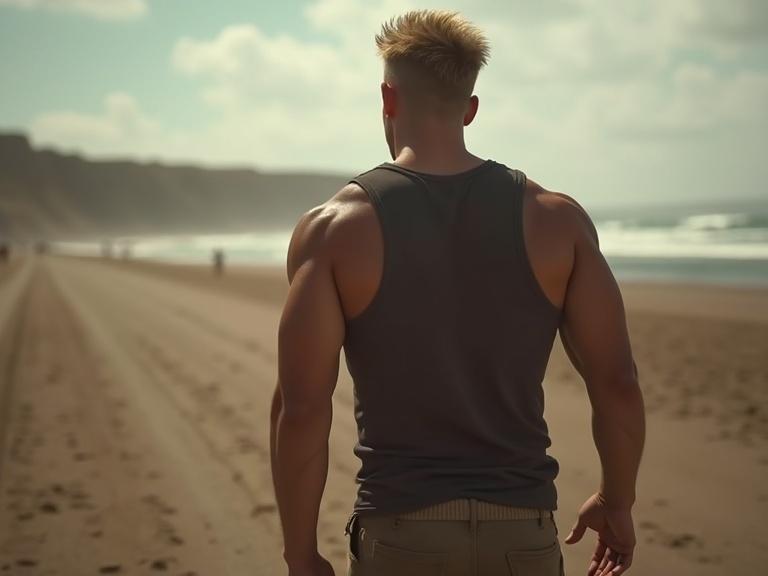 Muscular man walking away on a beach. Close cropped blond spiky hair. South American setting. Ultra realistic scene.