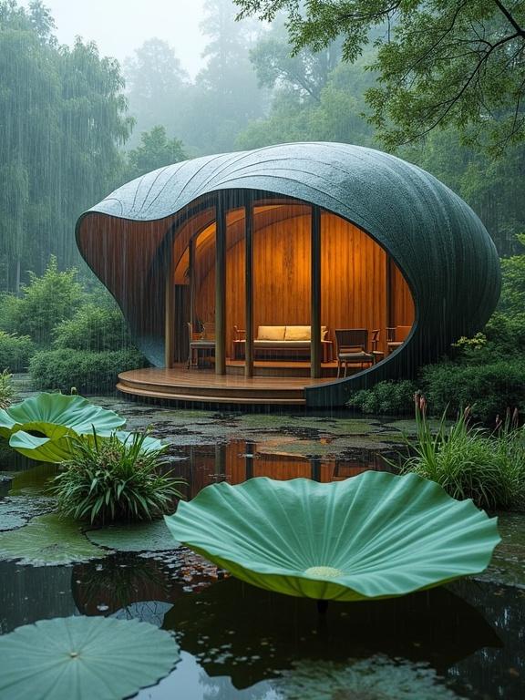 Pavilion with a rounded contemporary design. Located near a lotus pond. Surrounded by lush greenery. Rainy weather adds atmosphere. Warm light visible from inside.