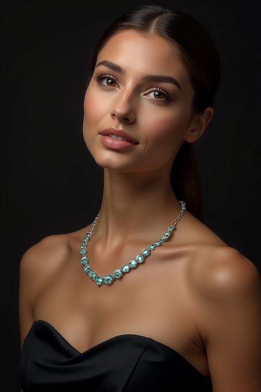 Photorealistic image of a female model with honey-toned skin wearing an 18k white gold tennis necklace with aquamarines. Model has a sleek chignon hairstyle and off-shoulder silk dress. Background is dark charcoal with a soft gradient. Focus on the necklace's sparkle with a simulated 85mm lens and shallow depth of field. Soft lighting enhances the stones' brilliance.