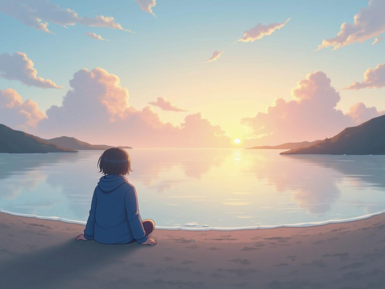 A serene landscape is depicted, showcasing a calm beach scene during sunset. In the foreground, a figure dressed in blue sits on the sandy shore, gazing out at the tranquil water. The sea reflects the soft hues of the sky, which is filled with fluffy clouds. The sun is setting on the horizon, casting a warm glow across the scene. In the distance, gentle hills can be seen, enhancing the peaceful atmosphere. The overall mood is one of contemplation and tranquility.