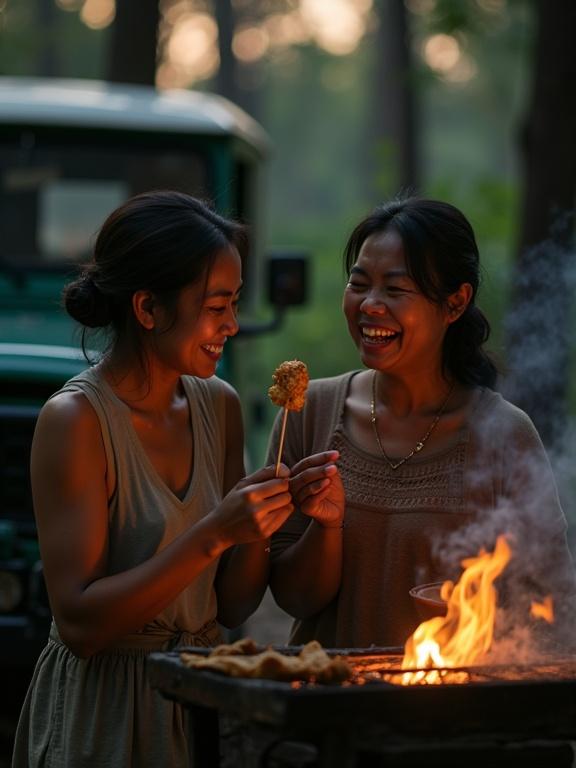 Award-winning photography capturing a mother offering goat satay to her daughter. They share laughter in a dim forest at dusk. A satay vendor smiles as smoke swirls from his grill. A vintage Toyota Land Cruiser is blurred in the background. The scene reflects connection and joy through gestures and expressions. Warm light from the fire enhances the intimate moment. Earthy tones and cinematic framing create a moody atmosphere.