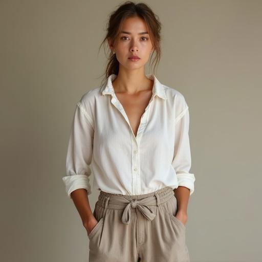 Full-body portrait of a woman walking naturally. Elegant face with flawless skin. Warm and gentle aura with a soft expression. Light brown hair tied back. Wearing a modest loose linen blouse and knee-length pants. Slim waist and graceful posture. Soft natural lighting, clean background.