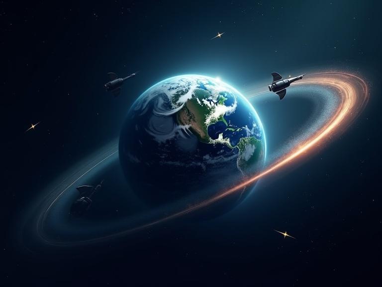 Professional high-resolution image of planet Earth in outer space. Globe at center of scene glowing with vibrant blues and greens. Surrounded by soft atmospheric halo. Sleek futuristic rockets orbiting Earth in dynamic curved flight paths. Metallic textures and motion blur effects convey speed and precision. Deep-space background filled with distant stars and faint galaxies. Overall composition blends technological advancement with cinematic space aesthetics.