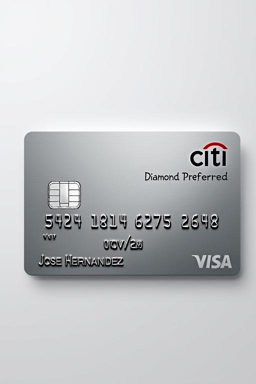 This image shows a realistic credit card. The card features the text Citi Diamond Preferred in the top right corner. The card number 5424 1814 6275 2648 is clearly visible. Name Jose Hernandez is aligned under the logo. The expiration date is 07/28. The background has a clean silver tone with bold black font.