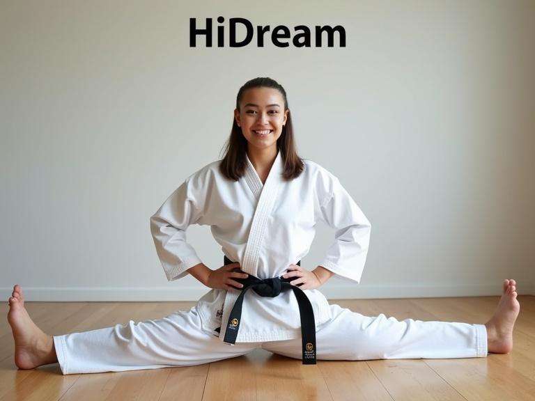 Casual photo of a young adult woman in a white karate gi and black belt performing a full split on a wooden floor. She poses confidently with hands on hips, smiling proudly. Natural lighting highlights her athletic physique. A plain wall in the background features 'HiDream Karate Club' written in black.