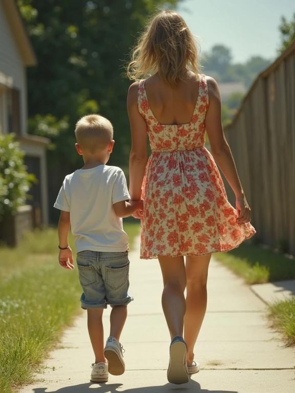 Mom and son in a sundress walking home. Bright sunlight. Soft colors.