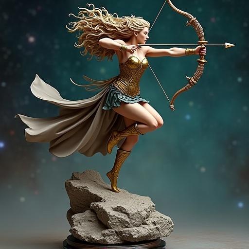 Resin statue of a goddess inspired by the Sagittarius zodiac. Goddess features human body with elegant armor and mystical details. She poses dynamically in the air, unleashing an arrow from her bow. Expression is fierce and determined. Long hair flows in the wind. Ethereal armor combines golden plates and dark leather with sharp details. The base is a floating rock with a cosmic background.