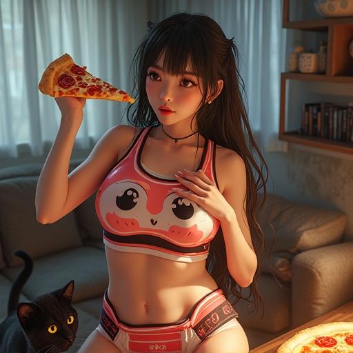Surreal image of a slim underground idol. Wearing Japanese gym uniform. She holds a pizza toast. Cat sits nearby. Q-taro ghost in background. Bold colors and dramatic lighting.