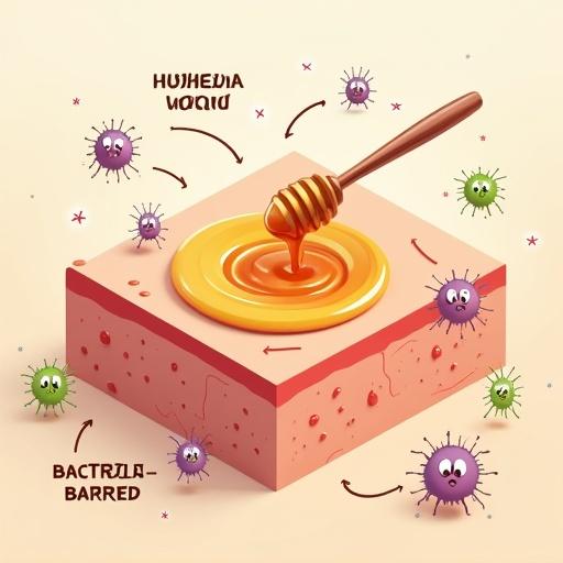 Vibrant 3D diagram shows antibacterial action of honey on burn wound. Center features cross-section of skin with reddish burn. Glossy golden honey is applied. Cartoon bacteria around wound are repelled. Sparkles or shield symbols above honey represent protection. Arrows indicate honey blocks bacteria.