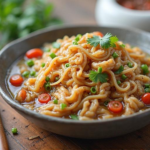 A bowl of noodles filled with savory sauce and garnished with chopped green onions and red chili. The noodles are thick and soft, with a rich glossy appearance. A wooden spoon is placed beside the bowl. The setting is warm and inviting, evoking a sense of comfort and deliciousness.