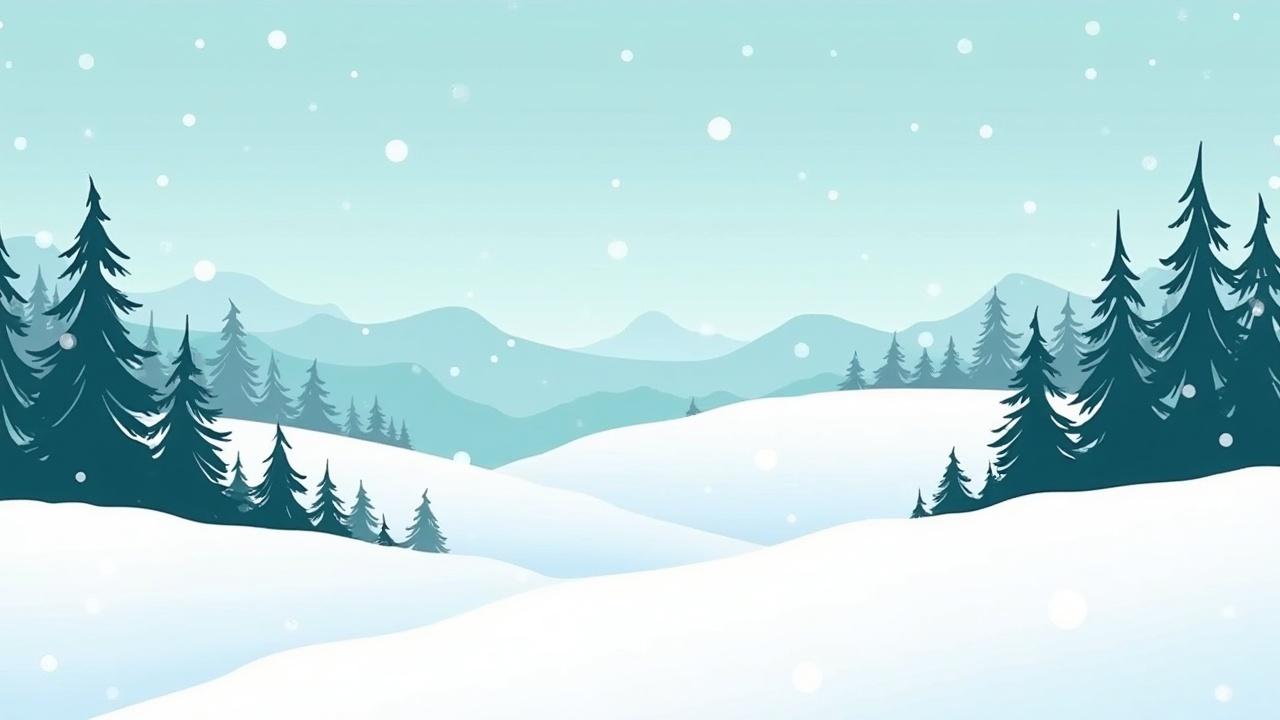 Illustration of a winter scene featuring snow-covered hills and evergreen trees. The style is cartoon-like without any characters. The atmosphere is inspired by Dr. Seuss.