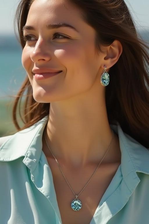 A stylish woman wears an aquamarine pendant necklace in a natural outdoor setting. The gemstone sparkles under soft sunlight. Model smiles gently with the pendant framed in the center. Casual elegant outfit enhances the pendant's beauty.