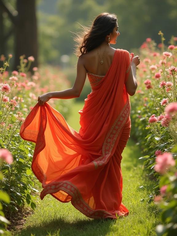 Woman dances gracefully through a flower garden. Saree flowing elegantly in the wind. Lush flowers surround her. Soft sunlight creates a magical atmosphere. Nature and culture blend harmoniously.