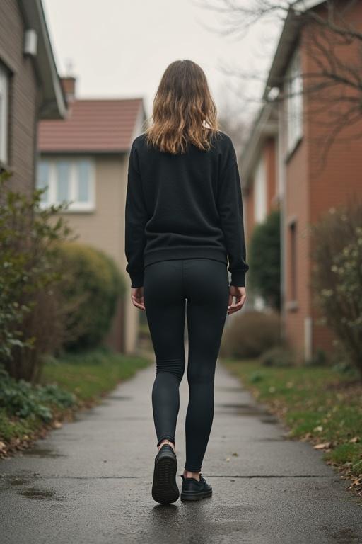 A woman walking away down an urban pathway. She is wearing black leggings and a dark sweater. Path is lined with shrubs and houses.