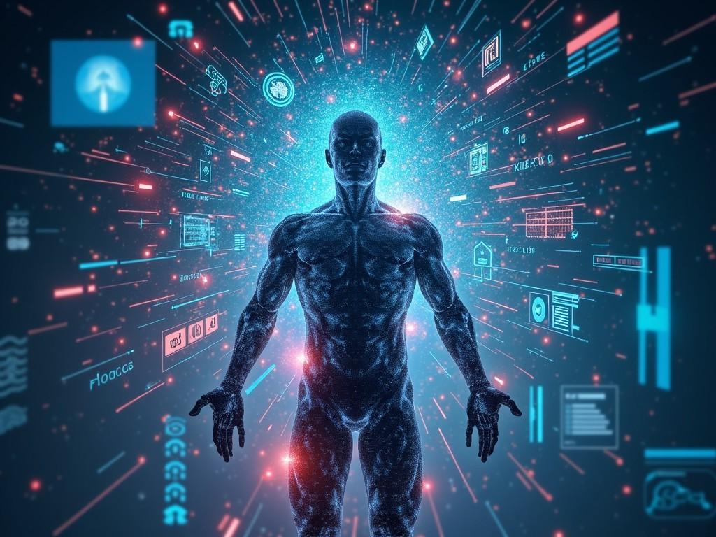 The image depicts a human figure in a dynamic pose, surrounded by an explosion of digital tools and data streams. This scene represents the intersection of humanity and technology, illustrating AI-driven empowerment. The figure is depicted in a strong, confident stance, suggesting strength and potential. A spectrum of blue and red colors radiate from the figure, enhancing the sense of energy and innovation. Icons and data flow around the figure, emphasizing the digital landscape that empowers human capabilities.