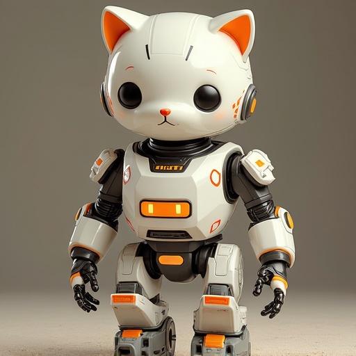 A cat-shaped robot with a round head designed in a chubby form. The robot features decorative elements like a four-dimensional pocket. It has no visible ears.