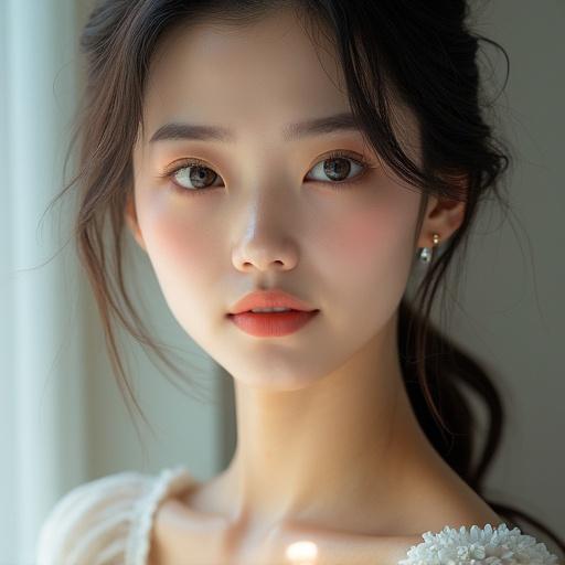 Portrait of a young Korean woman with a gentle expression. Soft and natural lighting enhances her delicate beauty. She has a smooth complexion and monolid eyes. Hair styled loosely around her face. Elegant clothing with subtle details. Focus on her serene gaze and soft makeup.