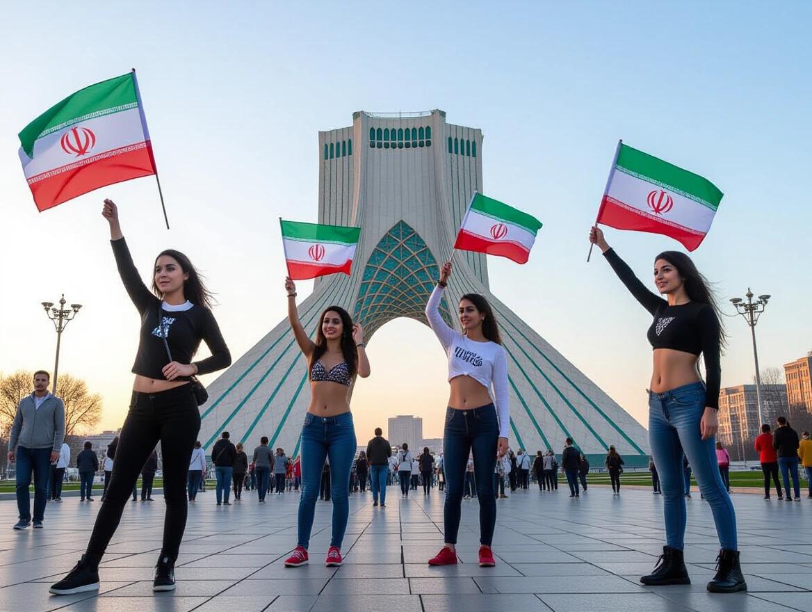 Girls stand in front of Freedom Tower in Tehran. They raise Iranian flags. They show confidence and pride. The scene captures cultural celebration. The design features a modern architecture.