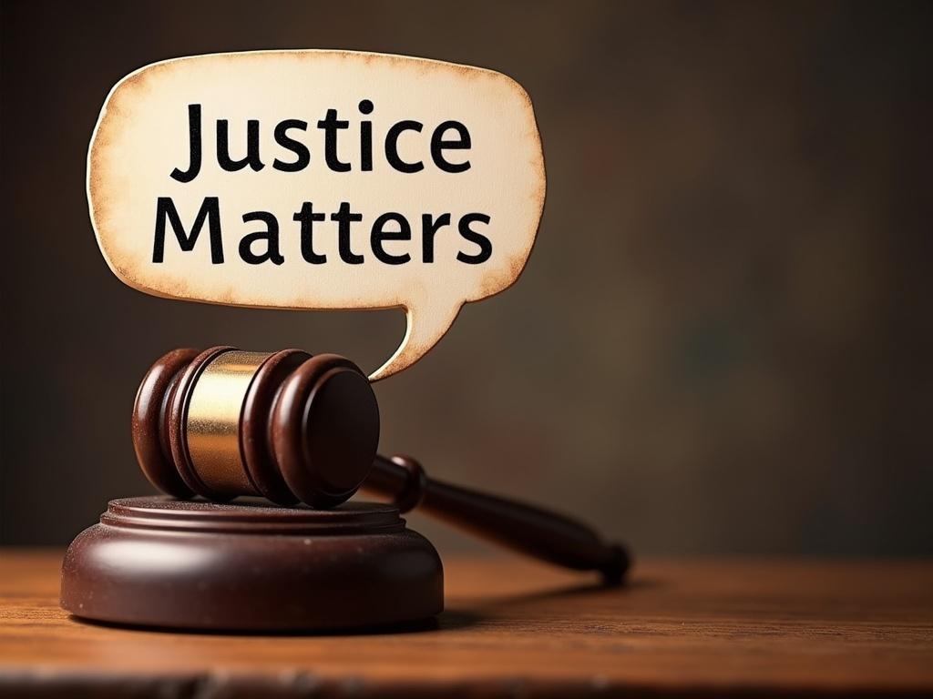 Close-up of a judge's gavel with a speech bubble above it saying 'Justice Matters'. The scene captures the importance of justice.