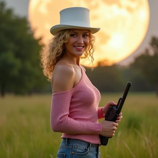 A young woman stands confidently on a grassland wearing a pink knitted top and jeans. A middle-aged man in a suit holds a weapon under a bright moonlight. The scene contrasts joy with tension, set in a natural environment.