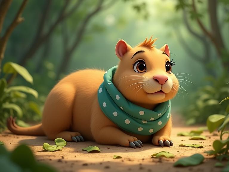 Small, adorable capybara with golden-brown fur and big hazel eyes. She wears a light teal scarf with white dots. She lies on the ground in a jungle clearing. Surroundings show shattered leaf wings and scattered pieces. Nearby animals observe her in sadness. Scene conveys strong emotion.