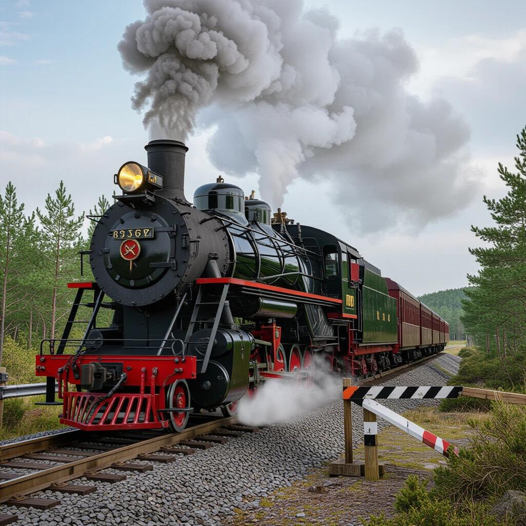 Hyperrealistic photograph of a gigantic vintage 1870 steam locomotive crossing a road at a railroad barrier. The locomotive is a 2-8-0 type with visible details like rivets, boiler texture, and rust. It emits a plume of steam against a creamy bokeh background with pine forests and distant peaks. Captured from a low angle perspective, the image highlights the locomotive's grandeur.