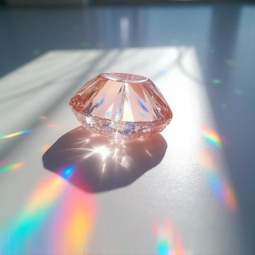 A dynamic scene with a pink prism on a white flat surface. A ray of white light splits into a colorful spectrum. Subtle light intensity creates a dreamlike ambiance. Scattered reflections dance across the surface. Viewed directly from above.