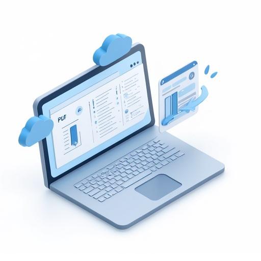 Isometric digital illustration of a computer dashboard showing drag-and-drop interface for uploading clinical trial documents. Highlight large floating PDF document icon with upward arrow. Surround with abstract UI elements representing trial criteria timelines and endpoint checklists. Include elements like folders cloud upload symbols and protocol metadata. Use clean blue-white color palette with slight gradients. Add soft shadows and modern SaaS UI feel. Style consistent with clinical AI software product. No background white backdrop only.